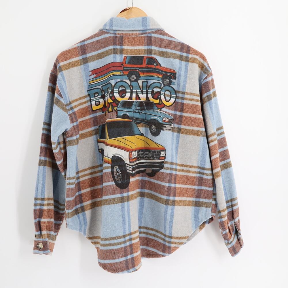 Ford Bronco Graphic Flannel Shirt Jacket Blue Brown Plaid Sz M Chunky Shaket